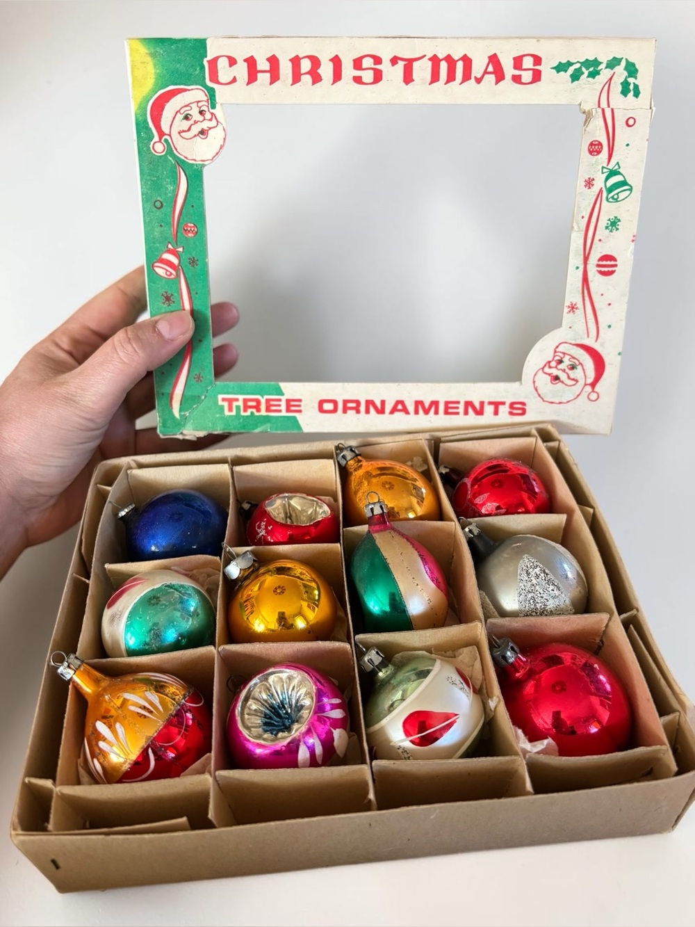 Vintage Poland Glass Christmas Ornaments 12 Indent Reflector MCM Boxed Set